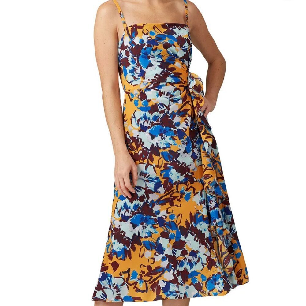 PRABAL GURUNG Ochre Floral Side Ruffle Strappy Midi Dress 14